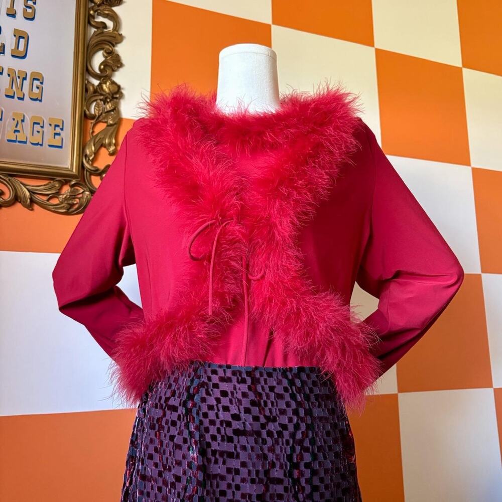 90s Vintage Red 2 Piece Marabou Feather Trim Blouse and Jacket Set